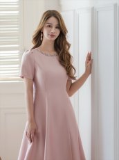 画像3: [ERUKEI/GINZA COUTURE]ピンク・ネイビー・半袖・ビジュー・ポケット・シンプル・Aライン・ミディアムドレス・ワンピース[送料無料] (3)