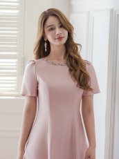 画像7: [ERUKEI/GINZA COUTURE]ピンク・ネイビー・半袖・ビジュー・ポケット・シンプル・Aライン・ミディアムドレス・ワンピース[送料無料] (7)
