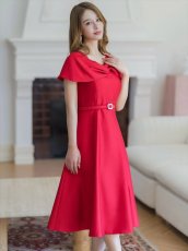 画像4: [ERUKEI/GINZA COUTURE]レッド・ブラック・ピンク・ケープ風・ベルト・シンプル・Ａライン・ミディアムドレス・ワンピース[送料無料] (4)