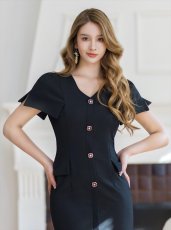 画像4: [ERUKEI/GINZA COUTURE]ブラック・シンプル・半袖・Vネック・無地・タイト・ミディアムドレス・ワンピース[送料無料] (4)