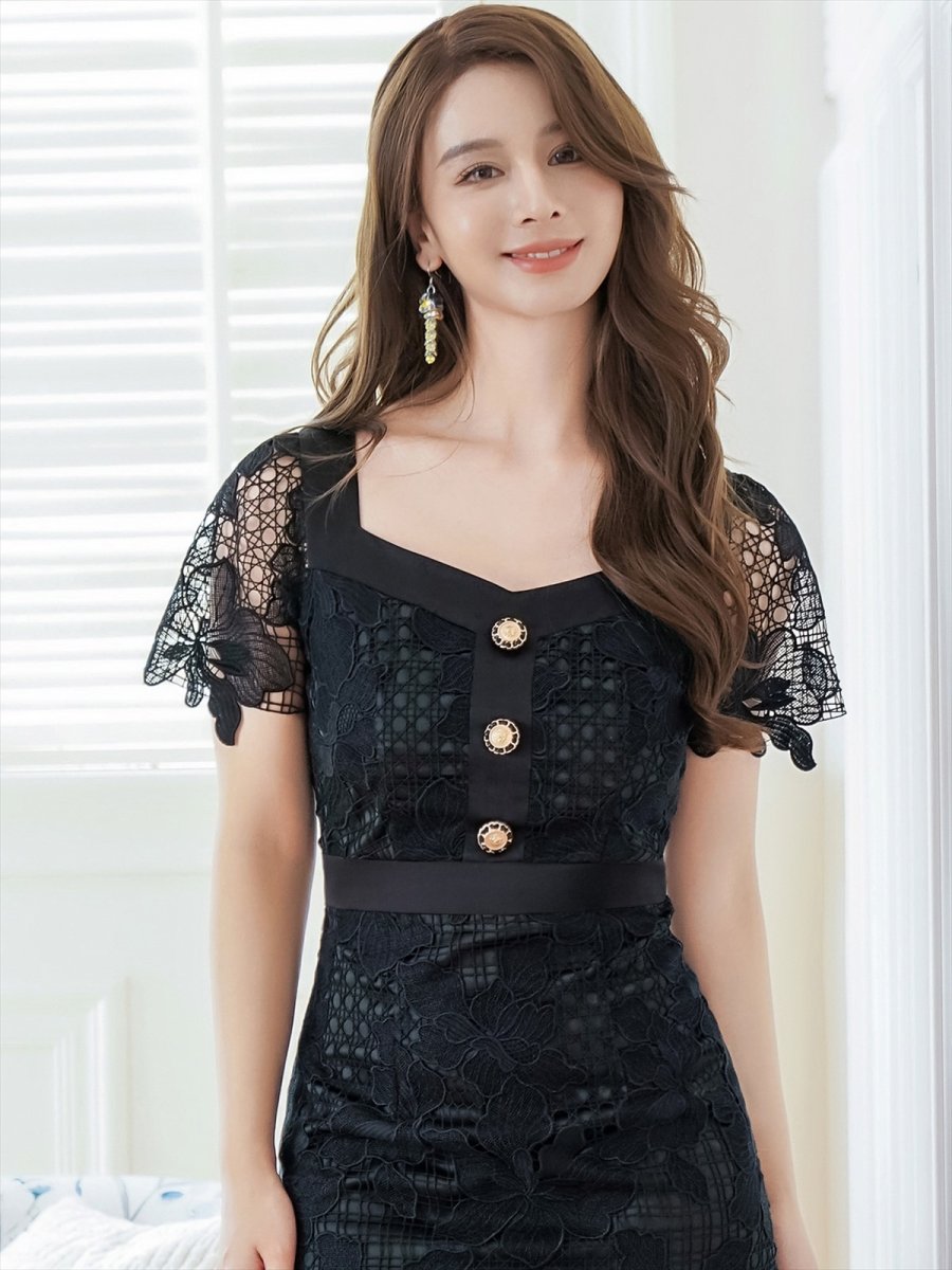 画像7: [ERUKEI/GINZA COUTURE]ブラック・ホワイト・タイト・レース・シンプル・半袖・ミディアムドレス・ワンピース[送料無料] (7)