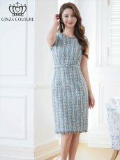 画像2: [ERUKEI/GINZA COUTURE]パープル・ブルー・ツイード・フリンジ・ノースリーブ・ベルト・タイト・膝丈・ミディアムドレス・ワンピース[送料無料] (2)