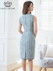 画像6: [ERUKEI/GINZA COUTURE]パープル・ブルー・ツイード・フリンジ・ノースリーブ・ベルト・タイト・膝丈・ミディアムドレス・ワンピース[送料無料] (6)