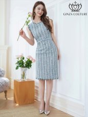 画像10: [ERUKEI/GINZA COUTURE]パープル・ブルー・ツイード・フリンジ・ノースリーブ・ベルト・タイト・膝丈・ミディアムドレス・ワンピース[送料無料] (10)