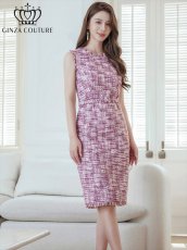 画像3: [ERUKEI/GINZA COUTURE]パープル・ブルー・ツイード・フリンジ・ノースリーブ・ベルト・タイト・膝丈・ミディアムドレス・ワンピース[送料無料] (3)