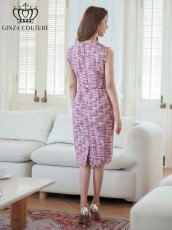 画像5: [ERUKEI/GINZA COUTURE]パープル・ブルー・ツイード・フリンジ・ノースリーブ・ベルト・タイト・膝丈・ミディアムドレス・ワンピース[送料無料] (5)