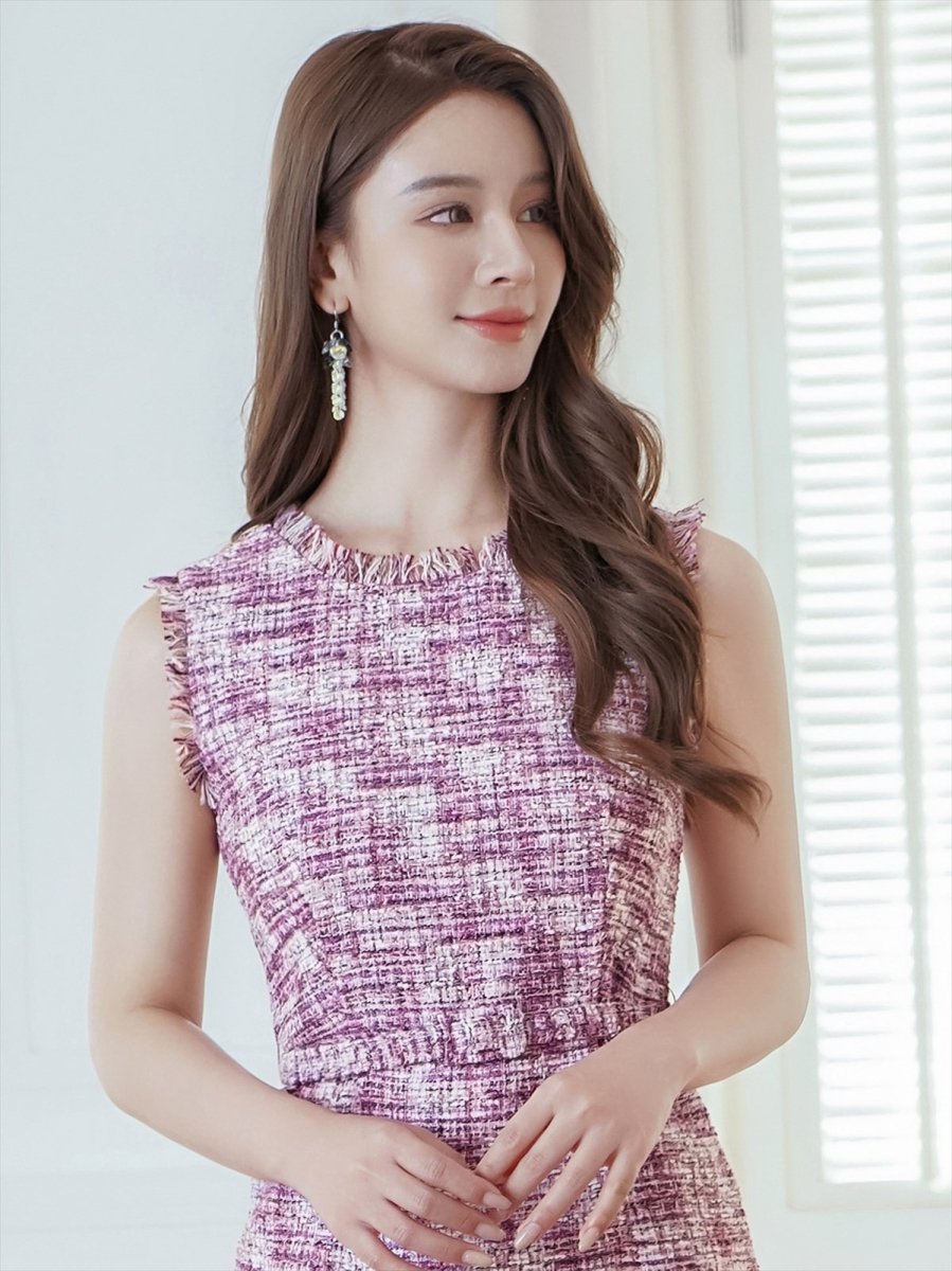 画像7: [ERUKEI/GINZA COUTURE]パープル・ブルー・ツイード・フリンジ・ノースリーブ・ベルト・タイト・膝丈・ミディアムドレス・ワンピース[送料無料] (7)