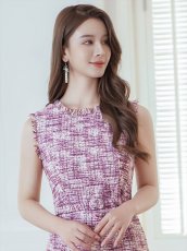 画像7: [ERUKEI/GINZA COUTURE]パープル・ブルー・ツイード・フリンジ・ノースリーブ・ベルト・タイト・膝丈・ミディアムドレス・ワンピース[送料無料] (7)