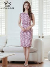 画像9: [ERUKEI/GINZA COUTURE]パープル・ブルー・ツイード・フリンジ・ノースリーブ・ベルト・タイト・膝丈・ミディアムドレス・ワンピース[送料無料] (9)