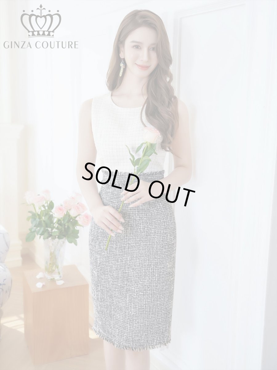 画像1: [ERUKEI/GINZA COUTURE]ホワイトxブラック・ツイード・タイト・ノースリーブ・ミディアムドレス・ワンピース[送料無料] (1)