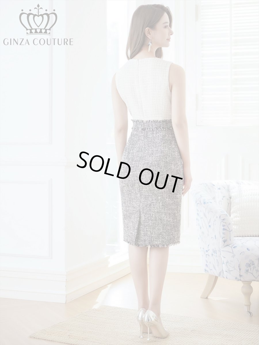画像3: [ERUKEI/GINZA COUTURE]ホワイトxブラック・ツイード・タイト・ノースリーブ・ミディアムドレス・ワンピース[送料無料] (3)