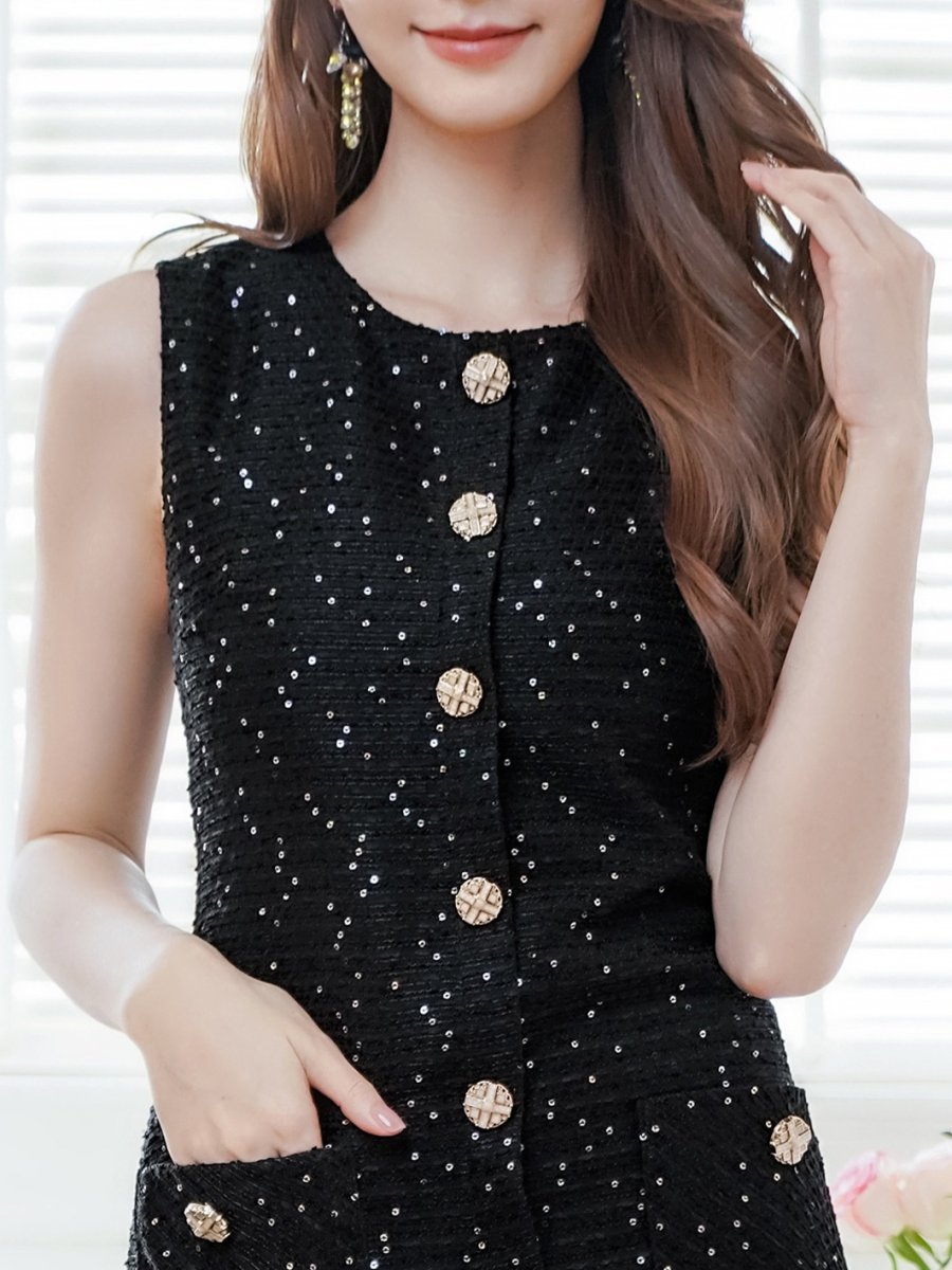 画像11: [ERUKEI/GINZA COUTURE]ホワイト・ブラック・ワインレッド・ネイビー・グレー・ノースリーブ・ツイード・スパンコール・ポケット・Aライン・ミニドレス・ワンピース[送料無料] (11)