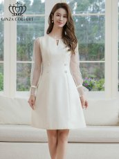 画像1: [ERUKEI/GINZA COUTURE]長そで・シースルー・ドット・パール・ビジューボタン・Aライン・ミニドレス・ワンピース[送料無料] (1)