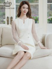 画像11: [ERUKEI/GINZA COUTURE]長そで・シースルー・ドット・パール・ビジューボタン・Aライン・ミニドレス・ワンピース[送料無料] (11)