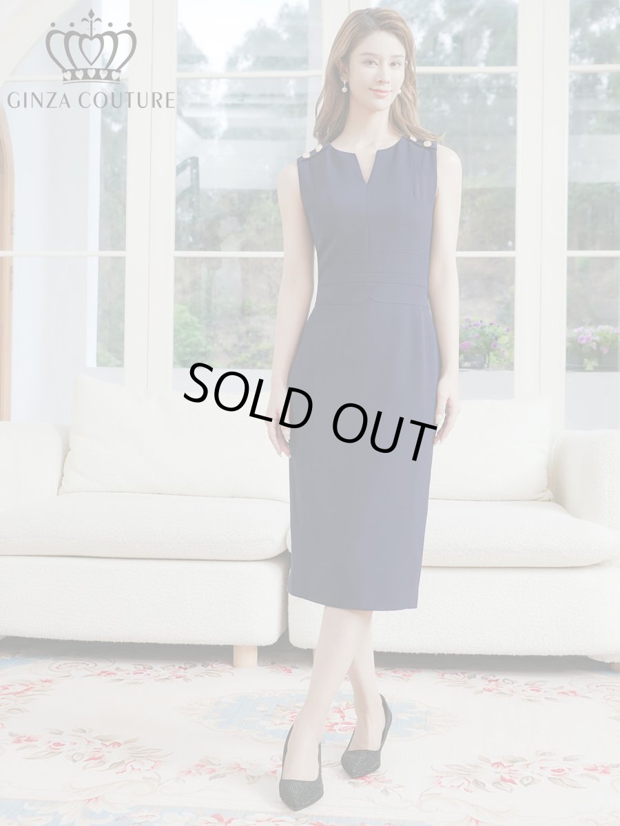 画像1: [ XS-Lサイズ / 1カラー ][ERUKEI/GINZA COUTURE]胸元Vカット・ノースリーブ・金ボタン・ウエストマーク・タイト・ミディアムドレス・ワンピース[送料無料] (1)