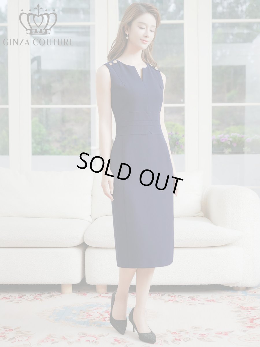 画像2: [ XS-Lサイズ / 1カラー ][ERUKEI/GINZA COUTURE]胸元Vカット・ノースリーブ・金ボタン・ウエストマーク・タイト・ミディアムドレス・ワンピース[送料無料] (2)