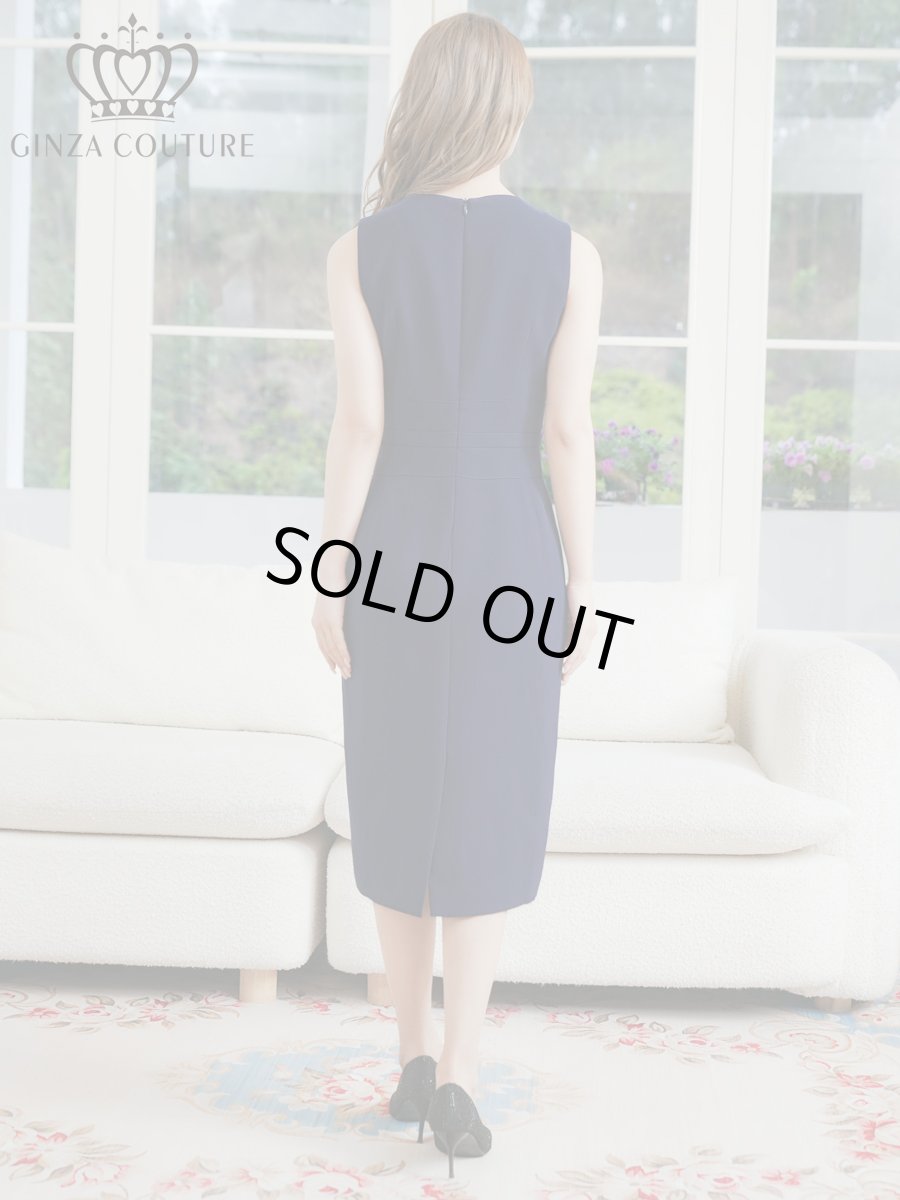 画像3: [ XS-Lサイズ / 1カラー ][ERUKEI/GINZA COUTURE]胸元Vカット・ノースリーブ・金ボタン・ウエストマーク・タイト・ミディアムドレス・ワンピース[送料無料] (3)