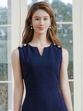 画像4: [ XS-Lサイズ / 1カラー ][ERUKEI/GINZA COUTURE]胸元Vカット・ノースリーブ・金ボタン・ウエストマーク・タイト・ミディアムドレス・ワンピース[送料無料] (4)