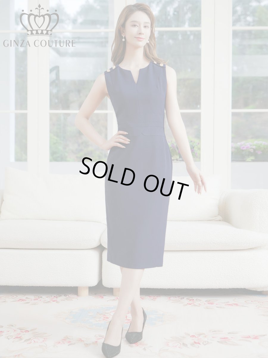 画像5: [ XS-Lサイズ / 1カラー ][ERUKEI/GINZA COUTURE]胸元Vカット・ノースリーブ・金ボタン・ウエストマーク・タイト・ミディアムドレス・ワンピース[送料無料] (5)