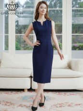 画像5: [ XS-Lサイズ / 1カラー ][ERUKEI/GINZA COUTURE]胸元Vカット・ノースリーブ・金ボタン・ウエストマーク・タイト・ミディアムドレス・ワンピース[送料無料] (5)