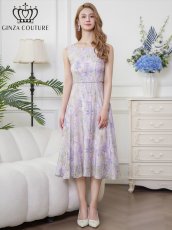 画像1: [ XS-Lサイズ / 1カラー][ERUKEI/GINZA COUTURE]パープル・ノースリーブ・花柄・プリント・ボールチェーン・切替・Aライン・ミディアムドレス・ワンピース[送料無料] (1)