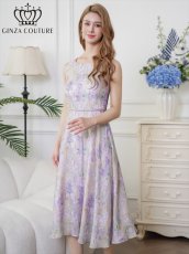 画像2: [ XS-Lサイズ / 1カラー][ERUKEI/GINZA COUTURE]パープル・ノースリーブ・花柄・プリント・ボールチェーン・切替・Aライン・ミディアムドレス・ワンピース[送料無料] (2)