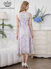 画像3: [ XS-Lサイズ / 1カラー][ERUKEI/GINZA COUTURE]パープル・ノースリーブ・花柄・プリント・ボールチェーン・切替・Aライン・ミディアムドレス・ワンピース[送料無料] (3)