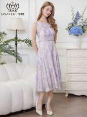 画像5: [ XS-Lサイズ / 1カラー][ERUKEI/GINZA COUTURE]パープル・ノースリーブ・花柄・プリント・ボールチェーン・切替・Aライン・ミディアムドレス・ワンピース[送料無料] (5)