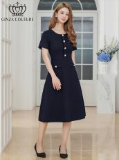 画像2: [ERUKEI/GINZA COUTURE]フリンジ・ビジュー・パールボタン・上品・半袖・Aライン・ミディアムドレス・ワンピース[送料無料] (2)