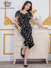 画像3: [ERUKEI/GINZA COUTURE]サテンジャガード・花柄・ドット・プリント・フリルスリーブ・パイピング・ビーズ・ラインストーン・タイト・ミディアムドレス・ワンピース[送料無料] (3)