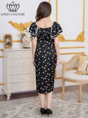 画像5: [ERUKEI/GINZA COUTURE]サテンジャガード・花柄・ドット・プリント・フリルスリーブ・パイピング・ビーズ・ラインストーン・タイト・ミディアムドレス・ワンピース[送料無料] (5)