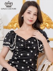 画像7: [ERUKEI/GINZA COUTURE]サテンジャガード・花柄・ドット・プリント・フリルスリーブ・パイピング・ビーズ・ラインストーン・タイト・ミディアムドレス・ワンピース[送料無料] (7)