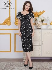 画像11: [ERUKEI/GINZA COUTURE]サテンジャガード・花柄・ドット・プリント・フリルスリーブ・パイピング・ビーズ・ラインストーン・タイト・ミディアムドレス・ワンピース[送料無料] (11)