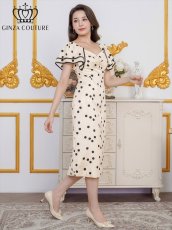 画像4: [ERUKEI/GINZA COUTURE]サテンジャガード・花柄・ドット・プリント・フリルスリーブ・パイピング・ビーズ・ラインストーン・タイト・ミディアムドレス・ワンピース[送料無料] (4)