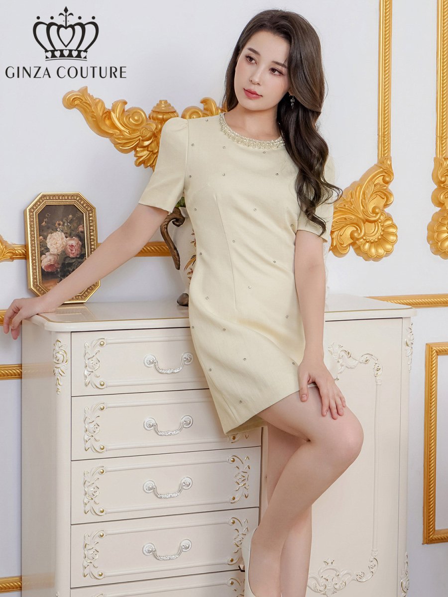 画像2: [ XS-Lサイズ / 3カラー][ERUKEI/GINZA COUTURE]アイボリー・ピンク・ブラック半袖・パール・ラインストーン・Aライン・ミニドレス・ワンピース[送料無料] (2)