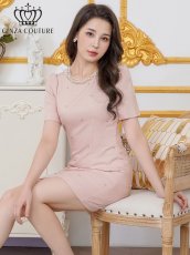 画像12: [ XS-Lサイズ / 3カラー][ERUKEI/GINZA COUTURE]アイボリー・ピンク・ブラック半袖・パール・ラインストーン・Aライン・ミニドレス・ワンピース[送料無料] (12)