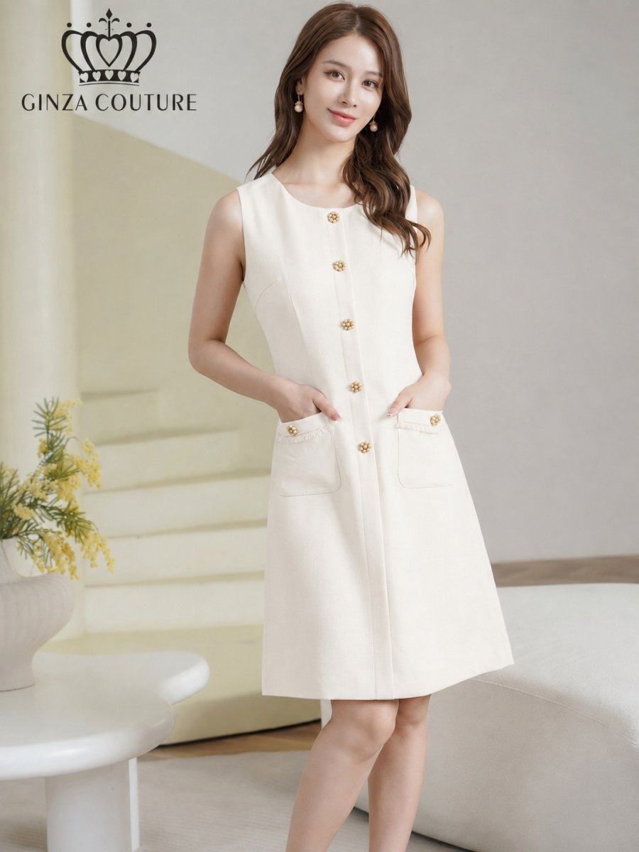 画像12: [ XS-Lサイズ / 3カラー][ERUKEI/GINZA COUTURE]ツイード・フリンジ・ノースリーブ・ビジューボタン・ポケット・Aライン・ミニドレス・ワンピース[送料無料] (12)
