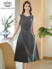 画像1: [ XS-Lサイズ / 2カラー][ERUKEI/GINZA COUTURE]グレー・ワインレッド・ラメ・シンプル・ブローチ・ベルト・ノースリーブ・Aライン・ミディアムドレス・ワンピース[送料無料] (1)