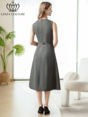 画像3: [ XS-Lサイズ / 2カラー][ERUKEI/GINZA COUTURE]グレー・ワインレッド・ラメ・シンプル・ブローチ・ベルト・ノースリーブ・Aライン・ミディアムドレス・ワンピース[送料無料] (3)