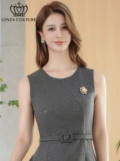 画像4: [ XS-Lサイズ / 2カラー][ERUKEI/GINZA COUTURE]グレー・ワインレッド・ラメ・シンプル・ブローチ・ベルト・ノースリーブ・Aライン・ミディアムドレス・ワンピース[送料無料] (4)