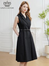 画像1: [ XS-Lサイズ / 1カラー][ERUKEI/GINZA COUTURE]ラメ・Vネック・ノースリーブ・襟・ポケット・ウエストベルト・Aライン・ミディアムドレス・ワンピース[送料無料] (1)