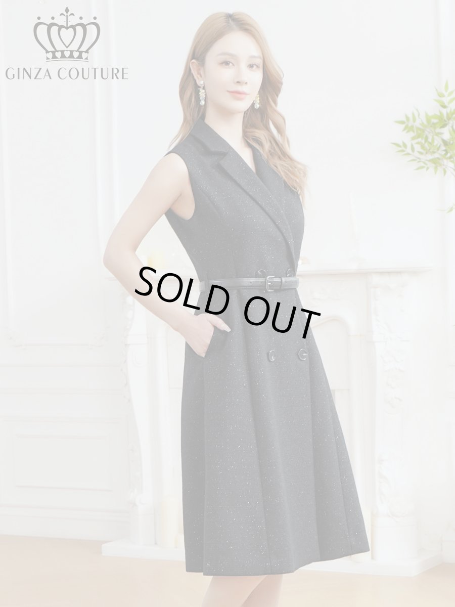 画像2: [ XS-Lサイズ / 1カラー][ERUKEI/GINZA COUTURE]ラメ・Vネック・ノースリーブ・襟・ポケット・ウエストベルト・Aライン・ミディアムドレス・ワンピース[送料無料] (2)