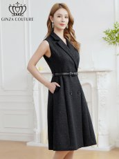 画像2: [ XS-Lサイズ / 1カラー][ERUKEI/GINZA COUTURE]ラメ・Vネック・ノースリーブ・襟・ポケット・ウエストベルト・Aライン・ミディアムドレス・ワンピース[送料無料] (2)