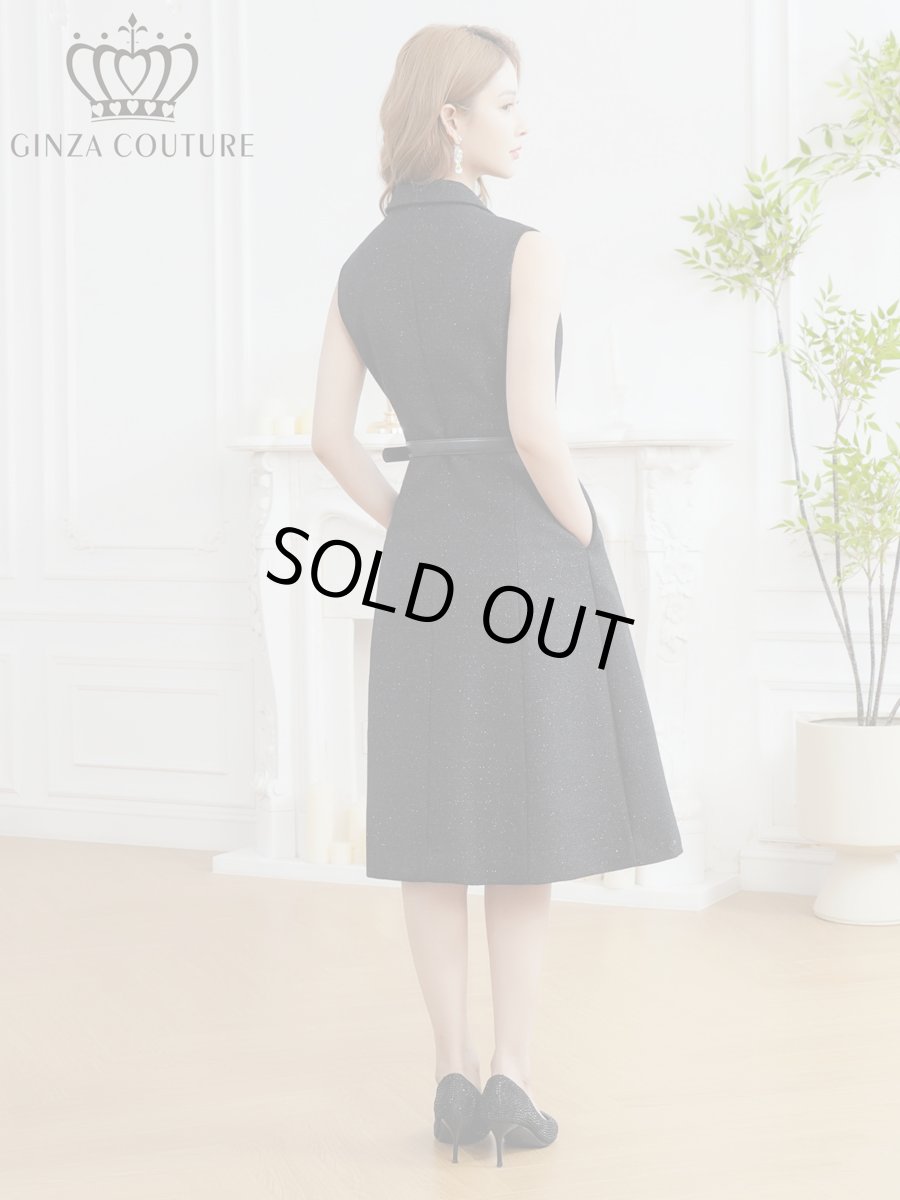 画像3: [ XS-Lサイズ / 1カラー][ERUKEI/GINZA COUTURE]ラメ・Vネック・ノースリーブ・襟・ポケット・ウエストベルト・Aライン・ミディアムドレス・ワンピース[送料無料] (3)