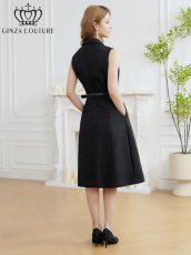 画像3: [ XS-Lサイズ / 1カラー][ERUKEI/GINZA COUTURE]ラメ・Vネック・ノースリーブ・襟・ポケット・ウエストベルト・Aライン・ミディアムドレス・ワンピース[送料無料] (3)
