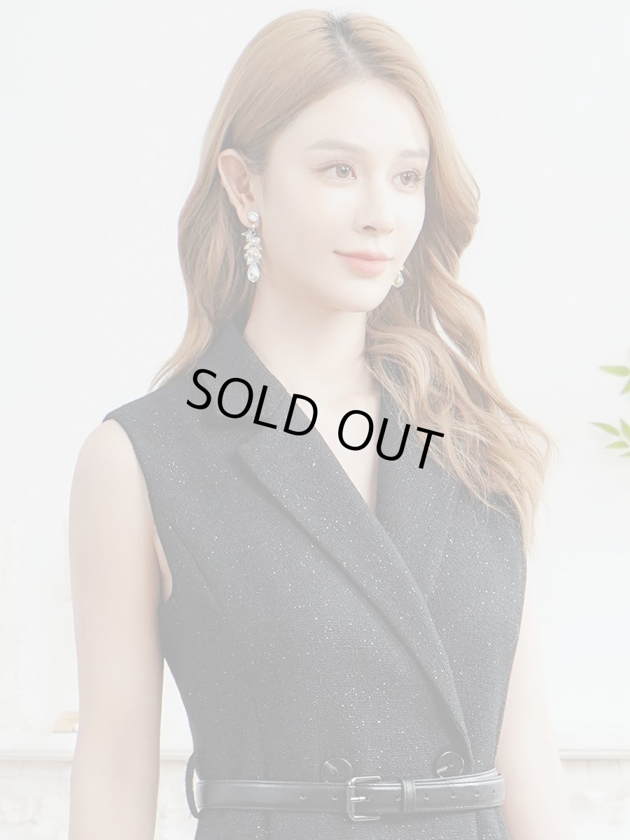 画像4: [ XS-Lサイズ / 1カラー][ERUKEI/GINZA COUTURE]ラメ・Vネック・ノースリーブ・襟・ポケット・ウエストベルト・Aライン・ミディアムドレス・ワンピース[送料無料] (4)