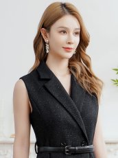 画像4: [ XS-Lサイズ / 1カラー][ERUKEI/GINZA COUTURE]ラメ・Vネック・ノースリーブ・襟・ポケット・ウエストベルト・Aライン・ミディアムドレス・ワンピース[送料無料] (4)