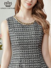 画像4: [ XS-Lサイズ / 1カラー][ERUKEI/GINZA COUTURE]ツイード・金糸・チェック柄・ビーズ・スパンコール・ノースリーブ・ポケット・Aライン・ミニドレス・ワンピース[送料無料] (4)