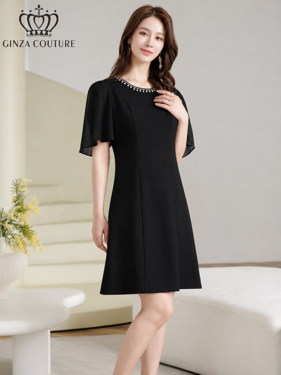 画像7: [ XS-Lサイズ / 2カラー][ERUKEI/GINZA COUTURE]シンプル・ラインストーン・パール・フリルスリーブ・Aライン・ミニドレス・ワンピース[送料無料] (7)
