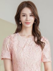 画像4: [ XS-Lサイズ / 2カラー]ERUKEI/GINZA COUTURE]フリンジジャガード・ラインストーン・パール・半袖・フリル・Aライン・ミニドレス・ワンピース[送料無料] (4)